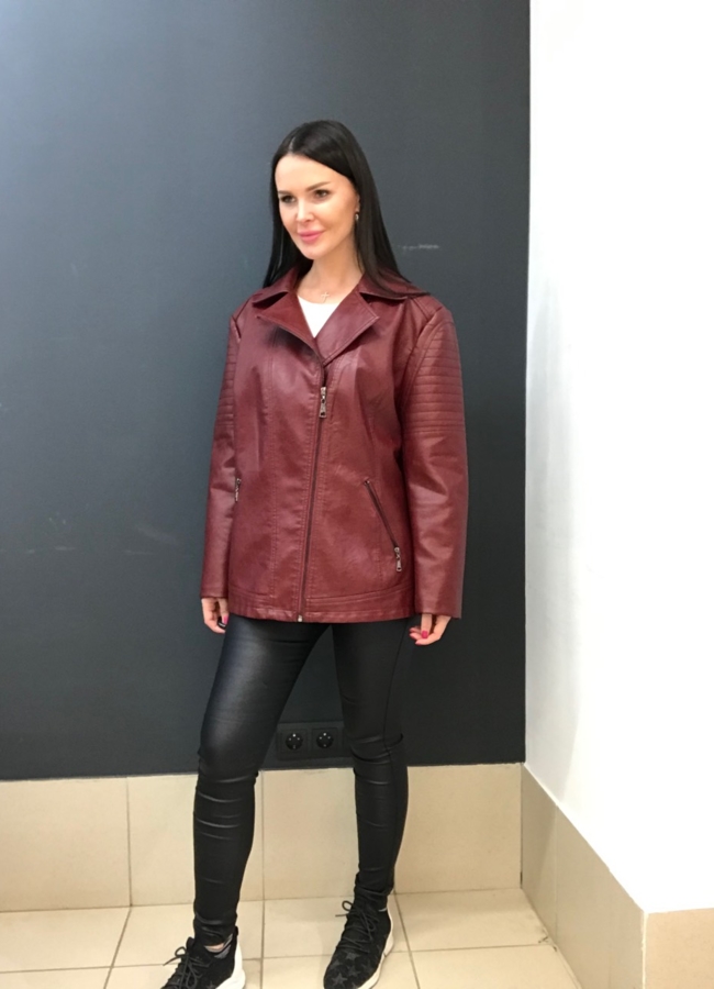 Куртка из эко кожи бордового цвета модель № 801 меха малина