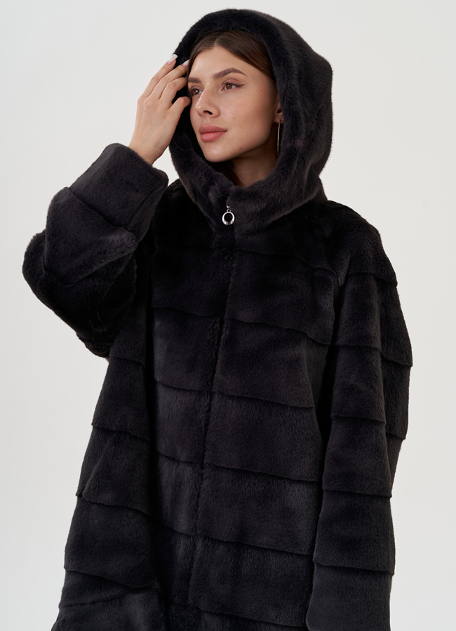 Полупальто из экомеха с капюшоном модель № 81537 универмаг малина