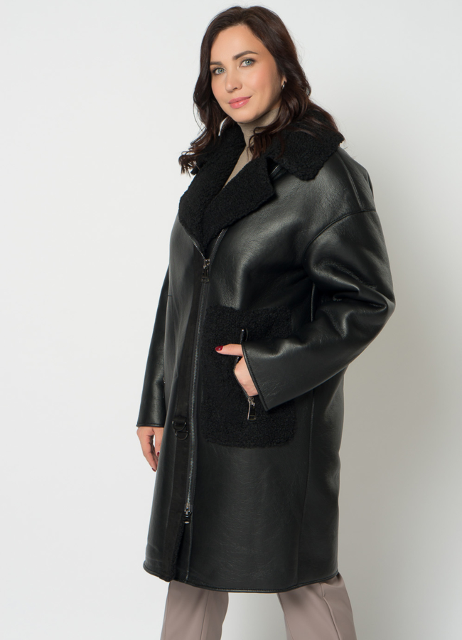 Дубленка из эко кожи черного цвета на молнии модель № 18265 в кредит