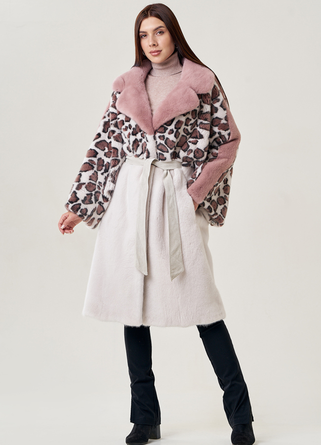 фото Женская шуба из скандинавской норки с принтом леопард модель № 23080