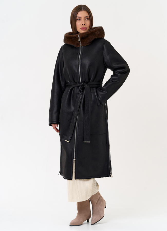 Женская дубленка из эко замши с поясом модель № 31432 в рассрочку Женская дубленка из эко замши с поясом модель № 31432 в рассрочку