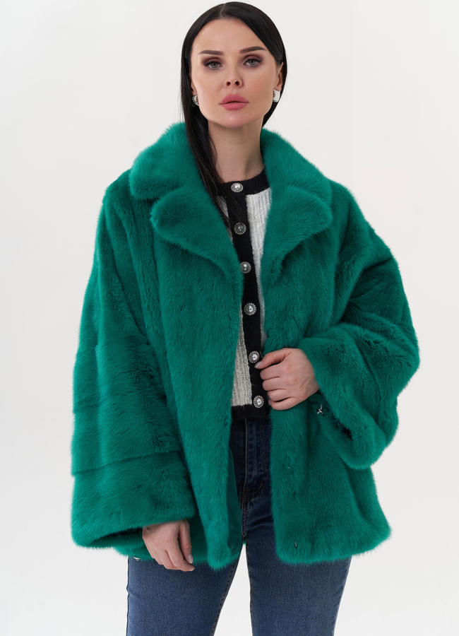 Шуба из норки зеленого цвета модель № 24813 меха малина