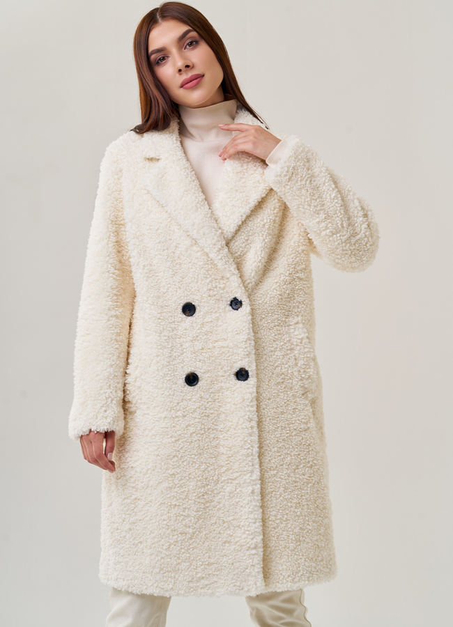 Двубортное женское пальто из искусственного меха модель № 23239 универмаг малина