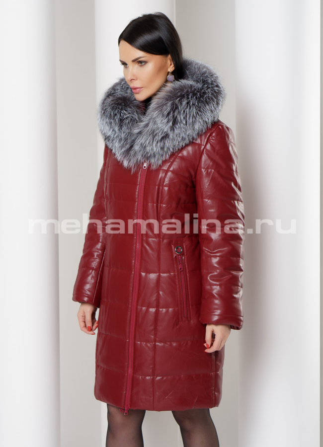 Пуховик с капюшоном в красном цвете из эко кожи модель № 8171 универмаг малина