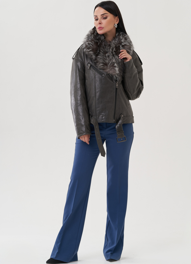 Куртка из натуральной кожи с отделкой из меха чернобурки модель № 25375 меха малина