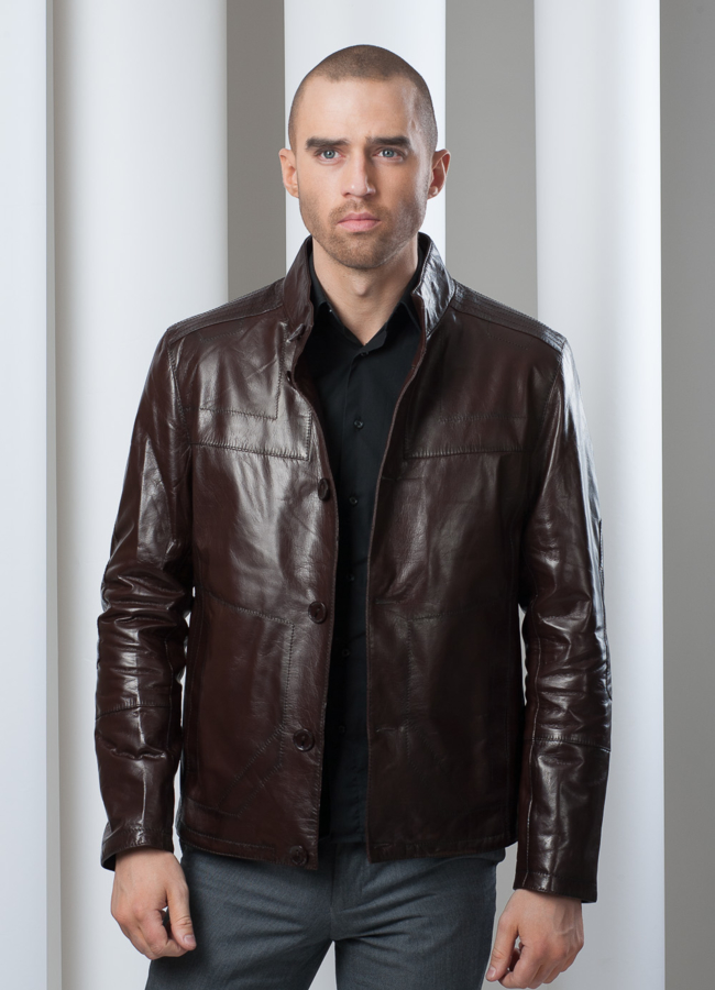 Кожаная куртка на пуговицах, цвет коричневый модель № KP-41 в кредит