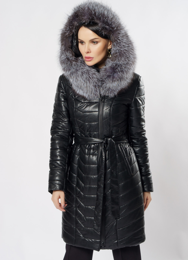 Пуховик из эко кожи черного цвета модель № 9801 универмаг малина