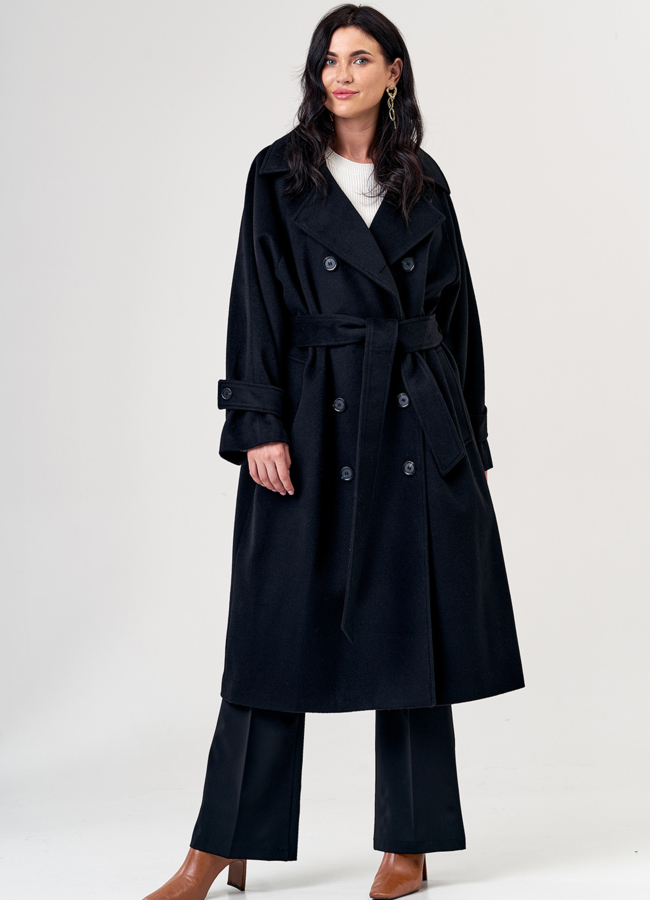 Женское объемное пальто черного цвета с английским воротником модель № 0228 универмаг малина