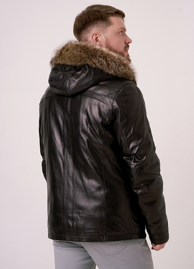 Кожаный пуховик с меховой отделкой  модель № 9255 в кредит