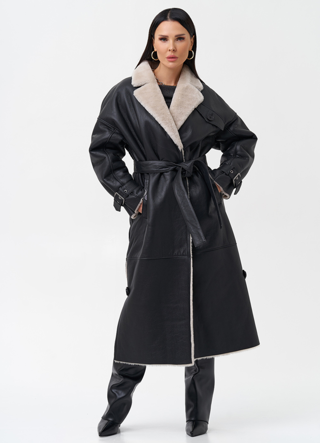 Удлиненная женская дубленка с английским воротником  модель № 23645 меха малина