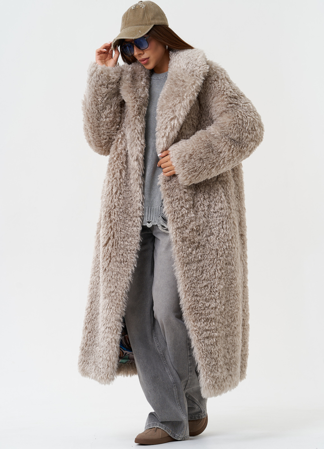 Длинная шуба под овчину с английским воротником модель № 28551 меха малина