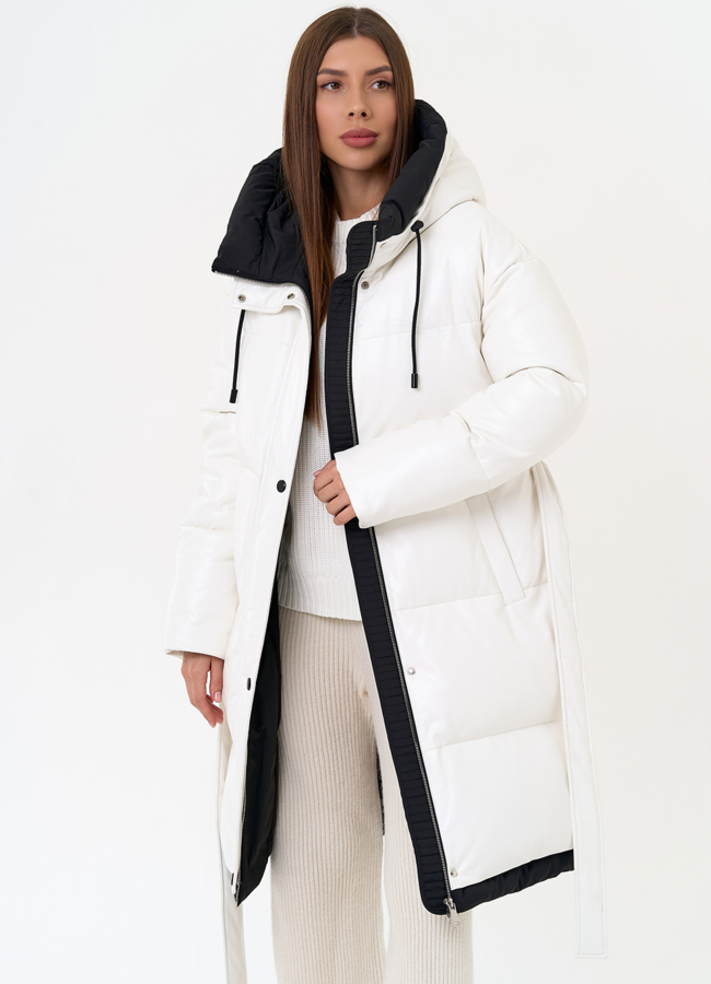 Белый пуховик из эко кожи с поясом модель № 30728 универмаг малина Белый пуховик из эко кожи с поясом модель № 30728 универмаг малина