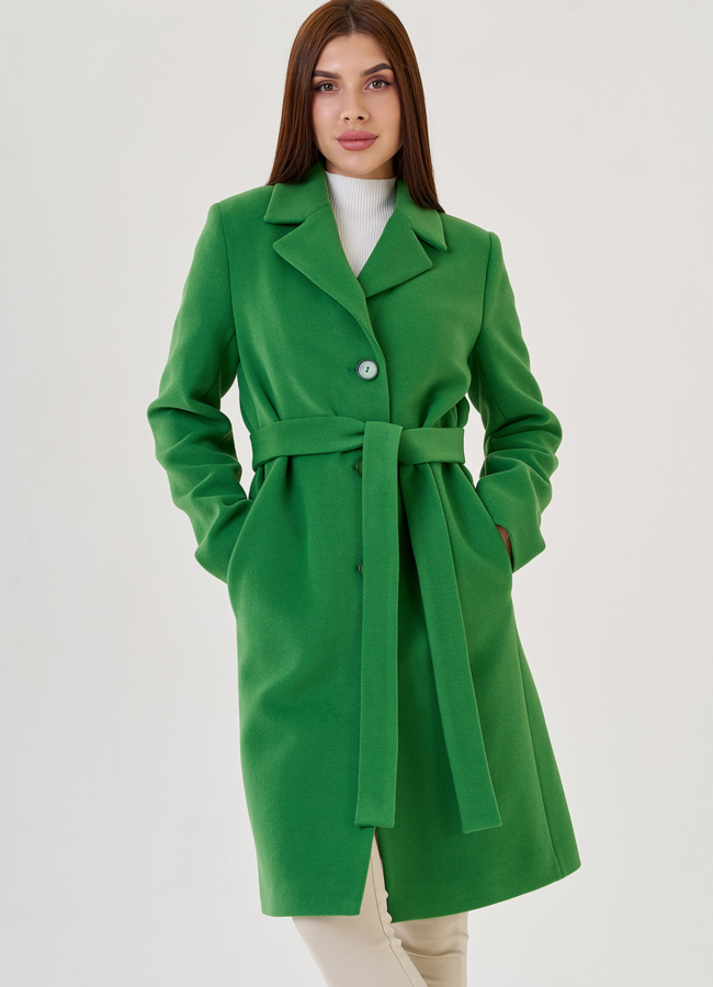 Пальто женское зеленого цвета модель № 79179 меха малина