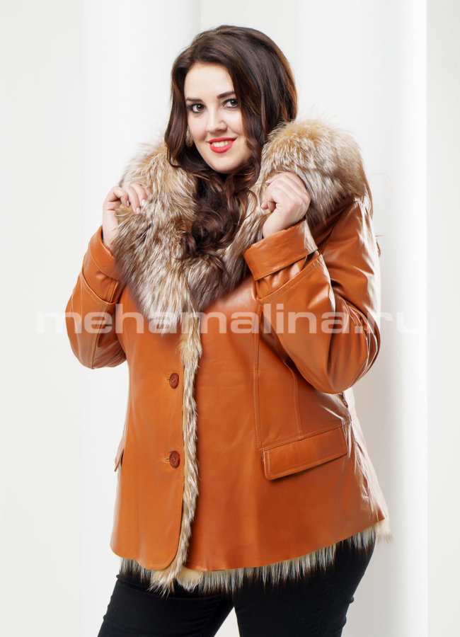 Кожаная куртка утепленная модель № K-298 меха малина