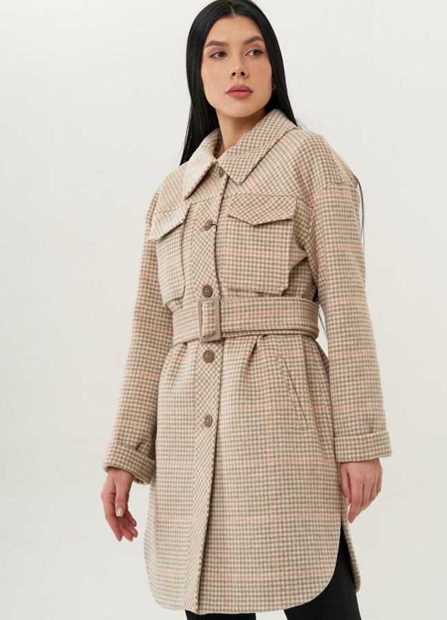 Женское пальто-рубашка с поясом модель № 22423 универмаг малина