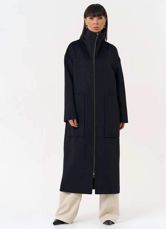 фото Женское пальто черного цвета с воротником стойкой модель № 31687