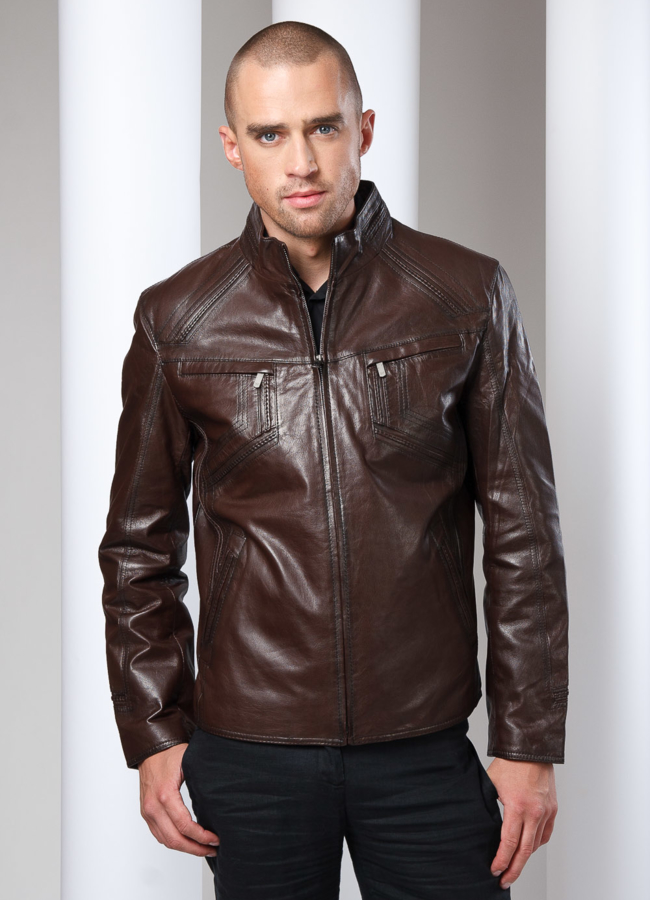 Кожаная куртка на молнии коричневая модель № KP-7 меха малина