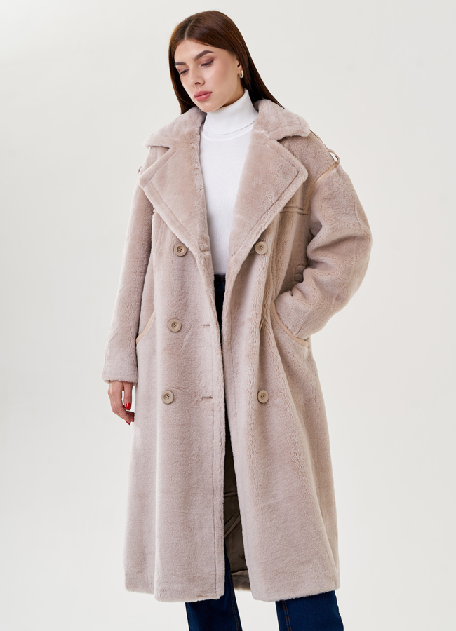 Двуботное женское пальто из эко меха с английским воротником  модель № 79321 универмаг малина