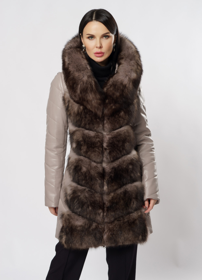 Пуховик-трансформер из эко кожи с капюшоном модель № 11750 меха малина