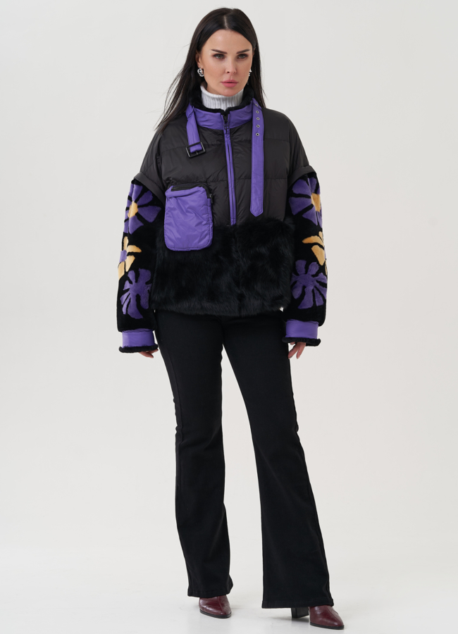 Женская куртка с цветочным декором модель № 25483 меха малина