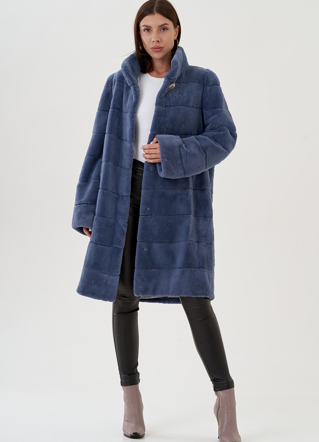 фото Шуба из меха кролика с воротником стойкой в синем цвете модель № 81859