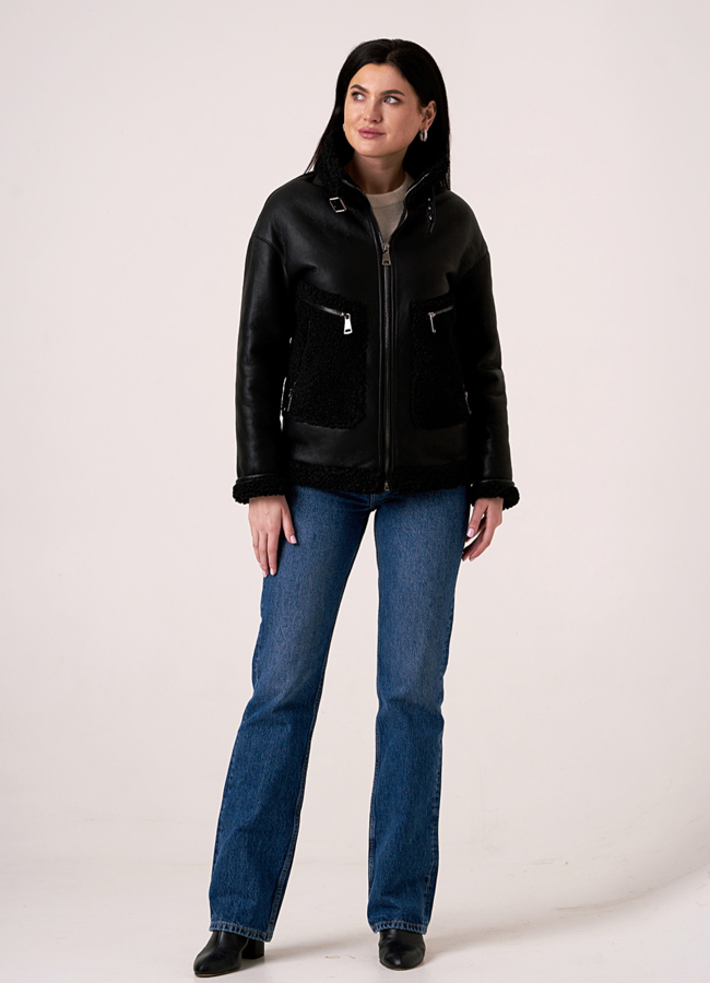 Черная дубленка с отделкой из искусственного меха  модель № 2063 универмаг малина