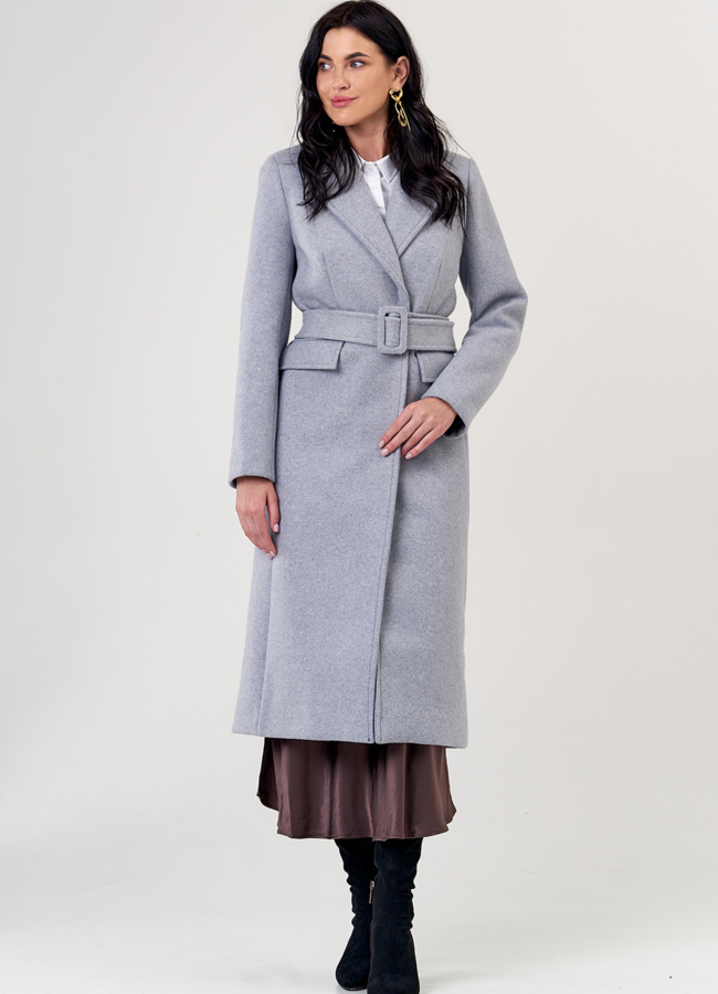 фото Женское пальто серого цвета с английским воротником модель № 20755