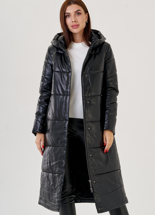 Длинный пуховик из эко кожи Malina Siberian модель № 79128 универмаг малина