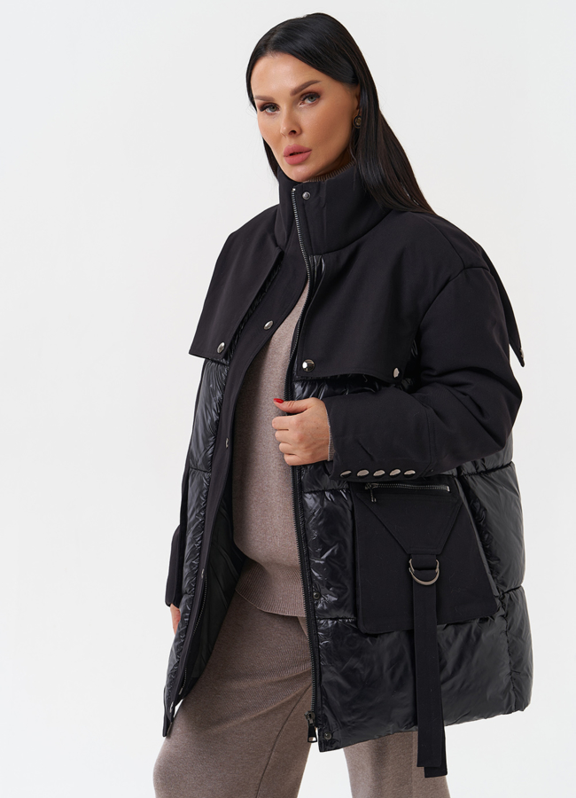 Женский пуховик черного цвета  модель № 28893 универмаг малина