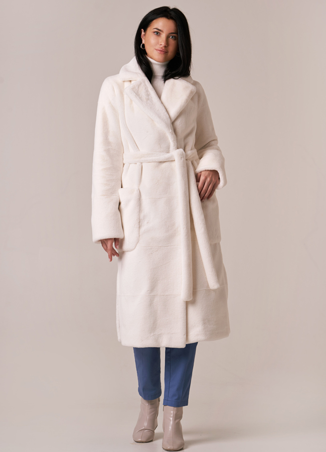 Белая шуба из искусственного меха модель № 75101 меха малина