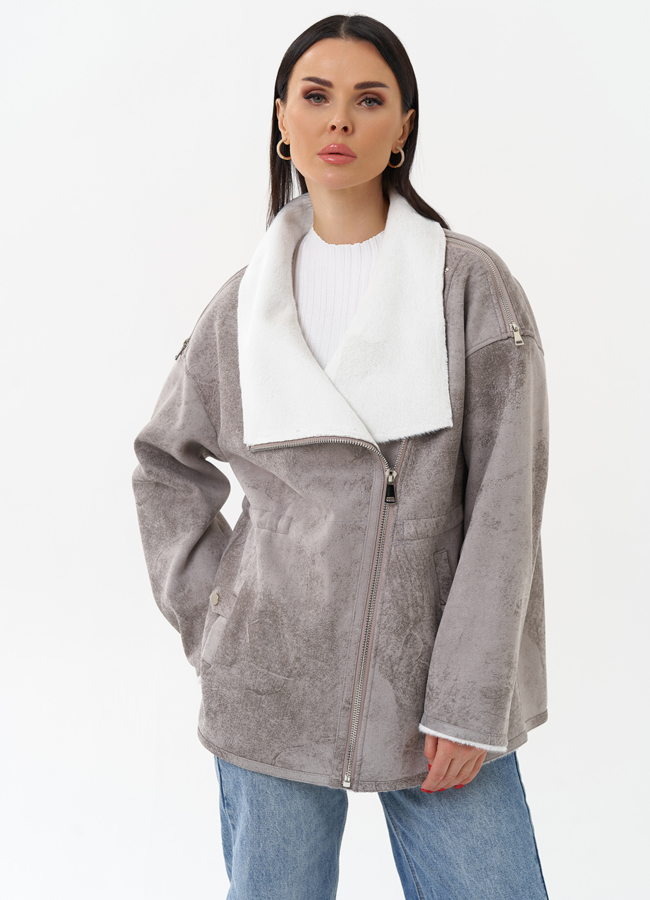 Женская дубленка из эко замши  модель № 29983 меха малина