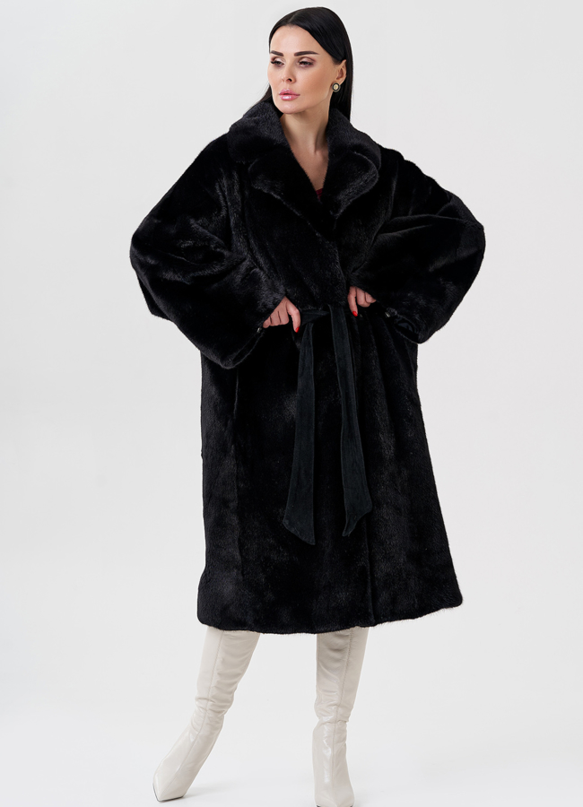 Шуба из норки с английским воротником  модель № 23986 меха малина