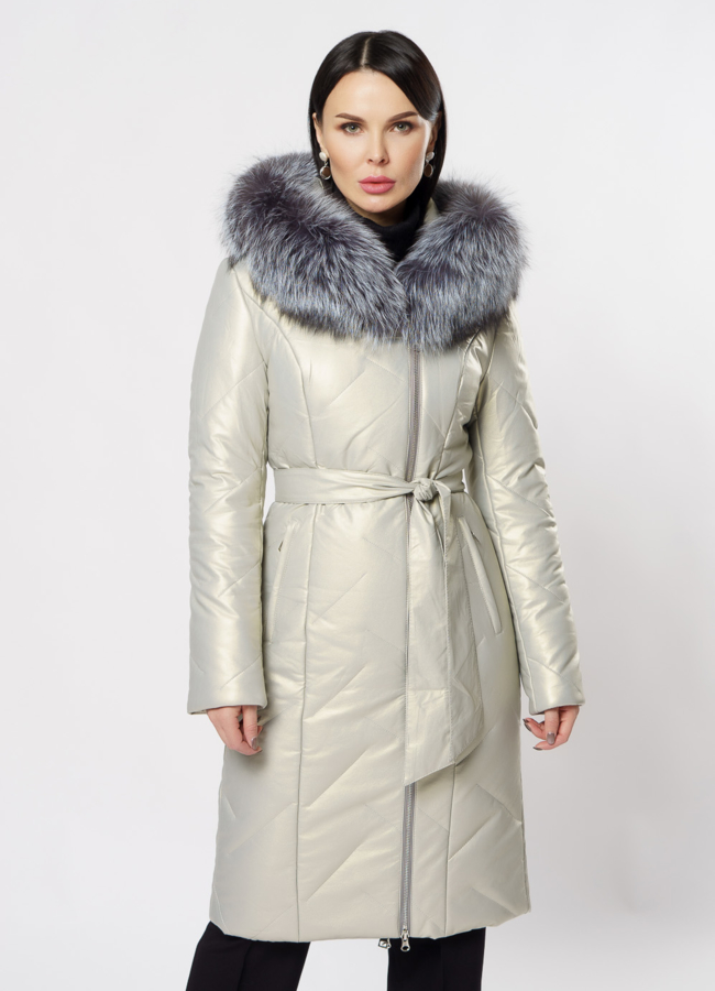 Удлиненный пуховик из эко кожи с чернобуркой модель № 19347 меха малина