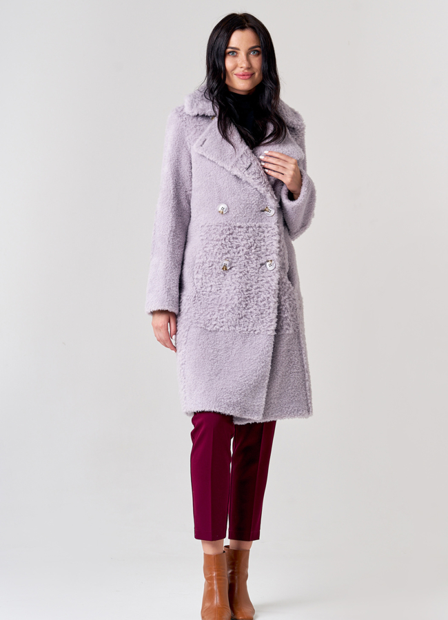 Двубортное пальто из шерсти модель № 21145 меха малина