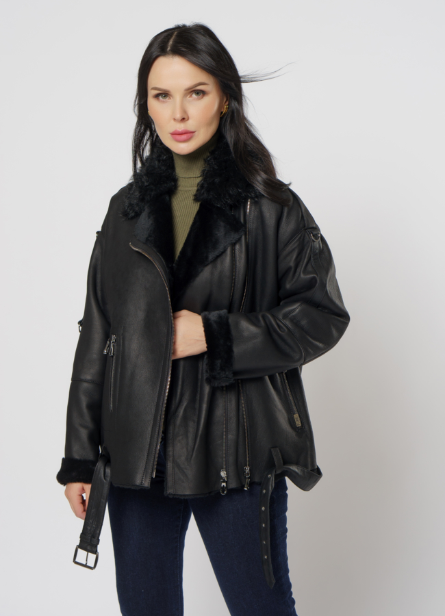 Женская дубленка из овчины черного цвета модель № 25136 универмаг малина