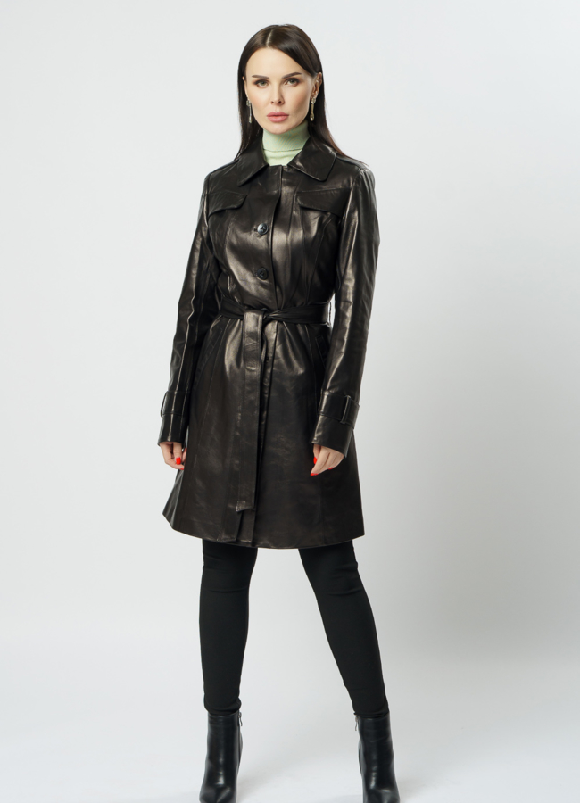фото Женское кожаное пальто на поясе модель № 2107