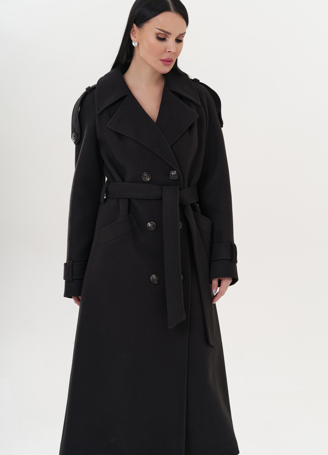 Женское двубортное пальто в черном цвете модель № 26241 меха малина