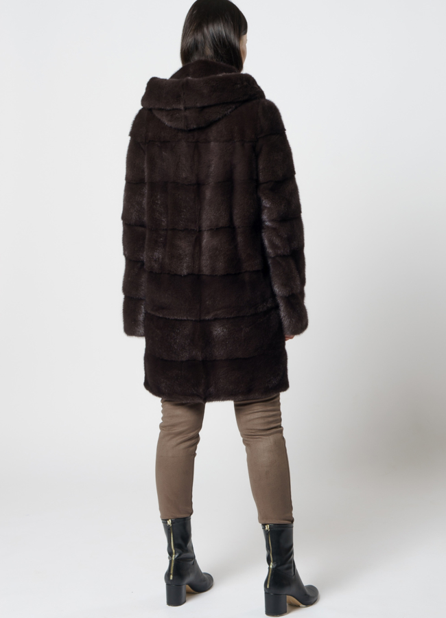 фото Норковая шуба с капюшоном цвета уголь модель № S-821