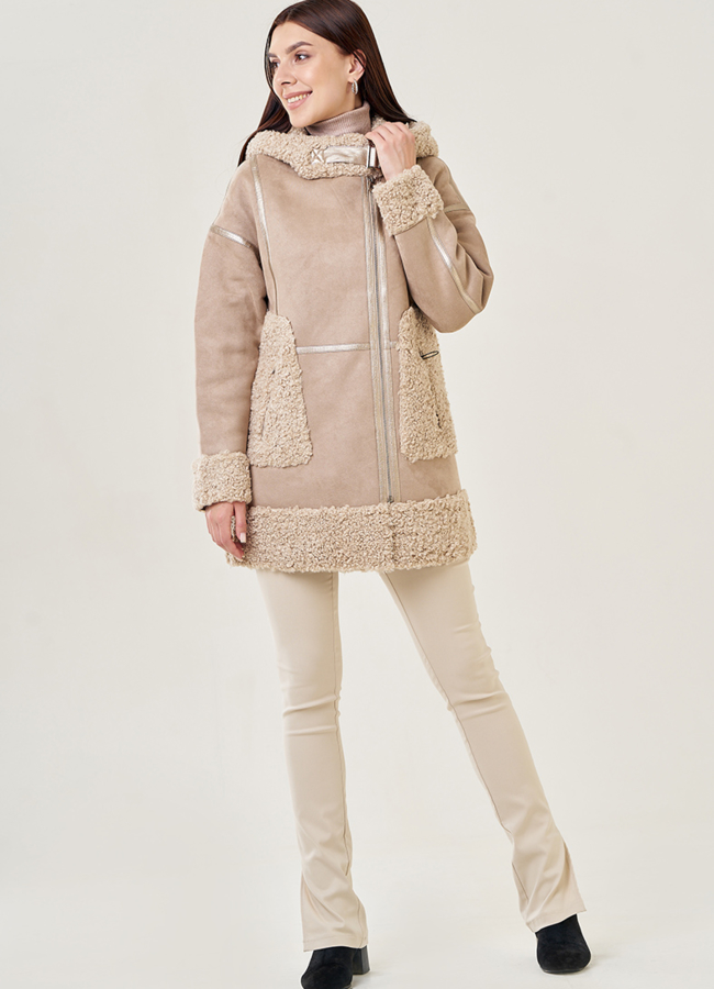 Женская искусственная дубленка с капюшоном модель № 23072 универмаг малина