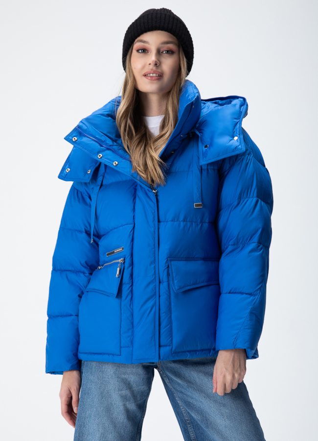 Женский пуховик с капюшоном  модель № 28414 меха малина