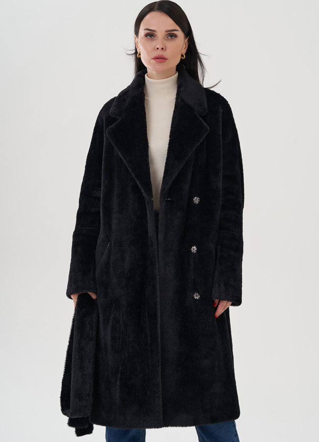 Женское ворсовое пальто в черном цвете модель № 23273 универмаг малина