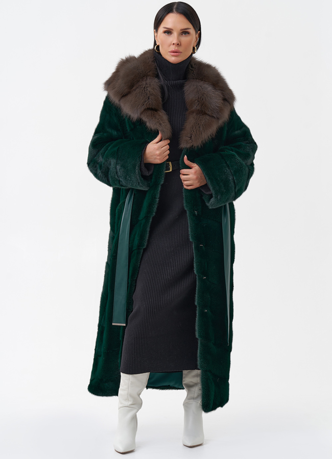 Длинная зеленая шуба из норки модель № 29253 универмаг малина