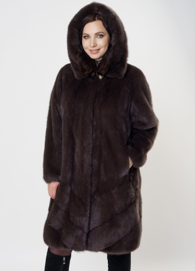 Шуба из норки с капюшоном модель № S-1007 меха малина