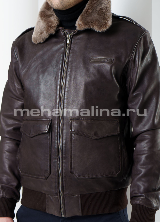 Кожаная куртка на резинке модель № KP-219 универмаг малина