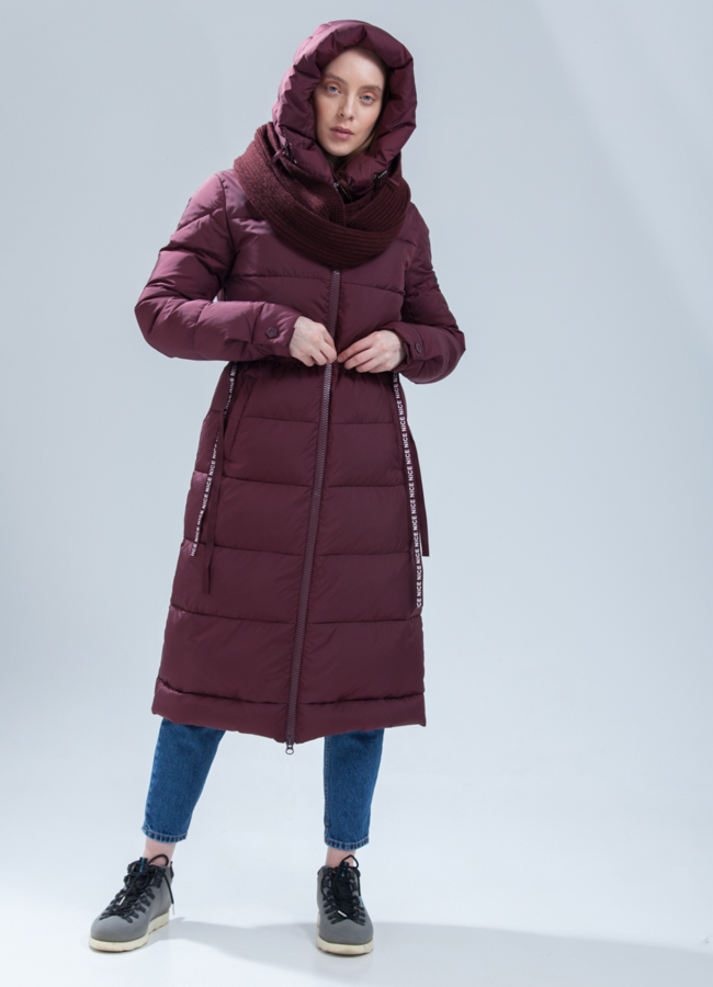 Пуховик женский на биопухе модель № П-361 меха малина