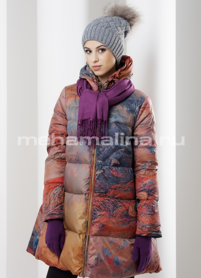 Пуховик на молнии модель № П-80 меха малина