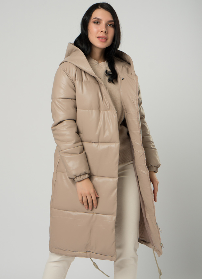 Длинный пуховик из эко кожи модель № 73321 меха малина