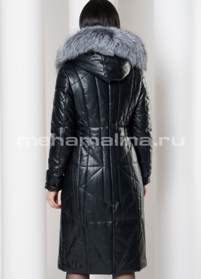 Пуховик из эко кожи с отделкой из чернобурки модель № 6160 в рассрочку