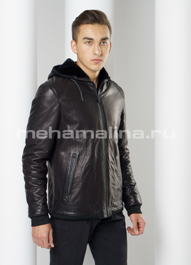 Дубленка с капюшоном модель № DM-120 меха малина