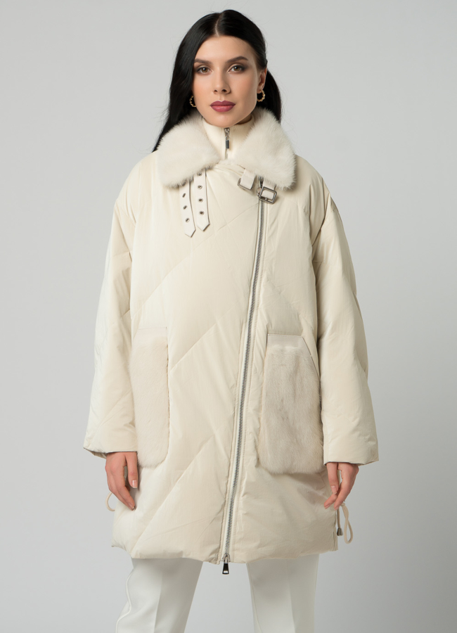 Светлый женский пуховик с отделкой из норки модель № 21862 меха малина